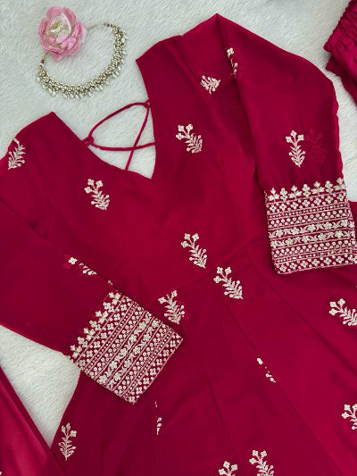 Deep Red Georgette Anarkali Gown Set with Dupatta