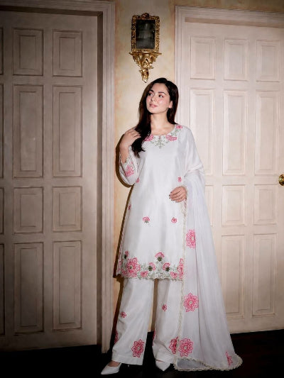 White &amp; Pink Floral Embroidered Farshi Suit