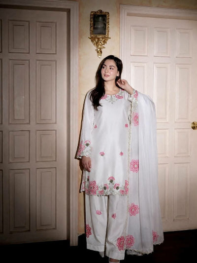 White &amp; Pink Floral Embroidered Farshi Suit