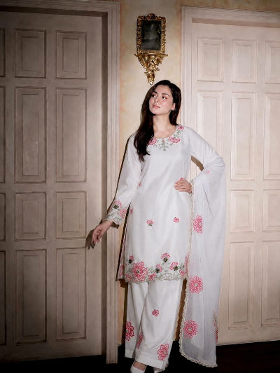 White &amp; Pink Floral Embroidered Farshi Suit