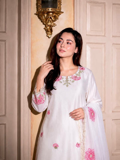 White &amp; Pink Floral Embroidered Farshi Suit
