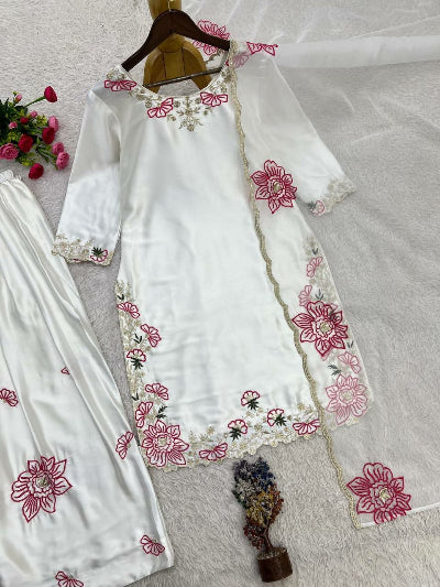White &amp; Pink Floral Embroidered Farshi Suit