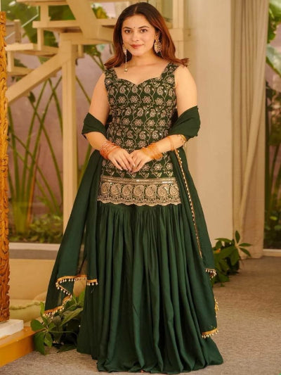 Bottle Green Embroidered Sleeveless Sharara Palazzo Set
