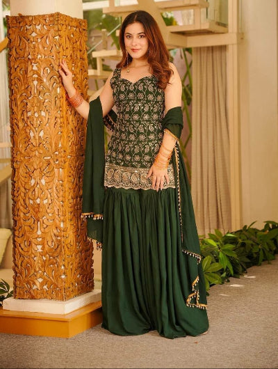 Bottle Green Embroidered Sleeveless Sharara Palazzo Set