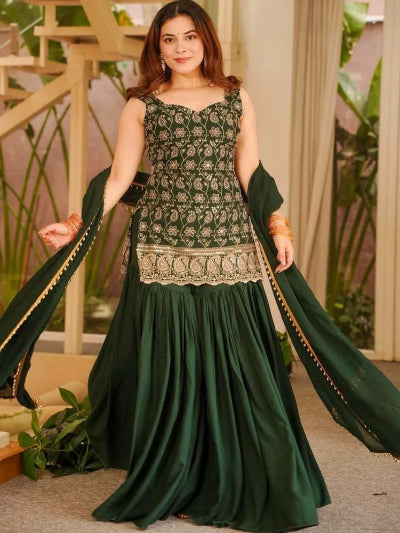 Bottle Green Embroidered Sleeveless Sharara Palazzo Set