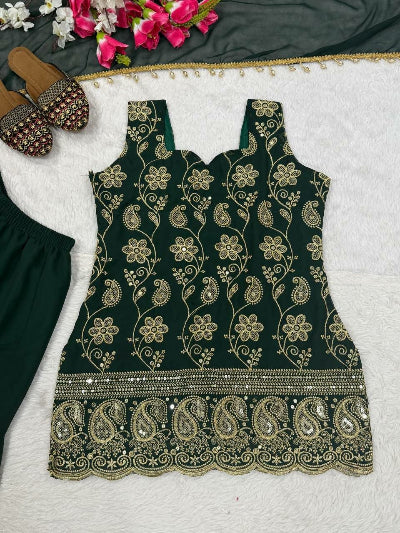 Bottle Green Embroidered Sleeveless Sharara Palazzo Set