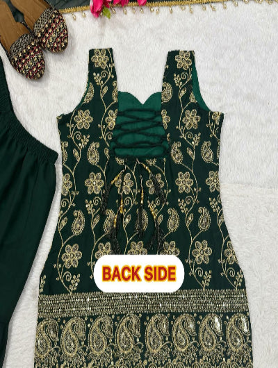 Bottle Green Embroidered Sleeveless Sharara Palazzo Set