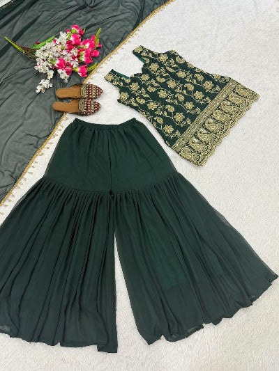 Bottle Green Embroidered Sleeveless Sharara Palazzo Set