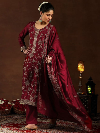 Maroon Vichitra Silk Embroidery Work Straight Suit Set
