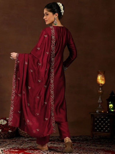 Maroon Vichitra Silk Embroidery Work Straight Suit Set