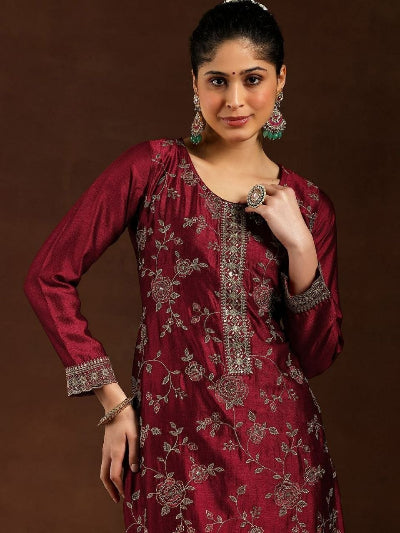 Maroon Vichitra Silk Embroidery Work Straight Suit Set