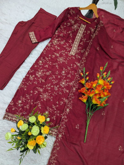 Maroon Vichitra Silk Embroidery Work Straight Suit Set