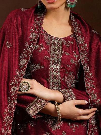 Maroon Vichitra Silk Embroidery Work Straight Suit Set