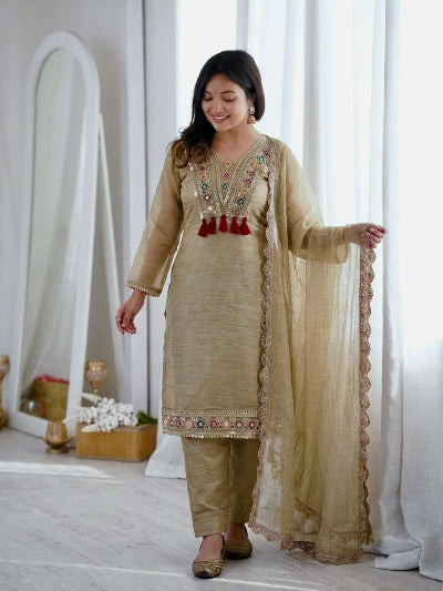 Beige Silk Embroidered Suit Set with Lace Dupatta | Ethnic Wear