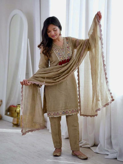 Beige Silk Embroidered Suit Set with Lace Dupatta | Ethnic Wear