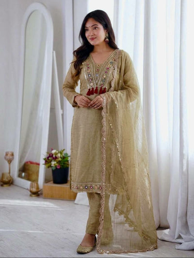 Beige Silk Embroidered Suit Set with Lace Dupatta | Ethnic Wear