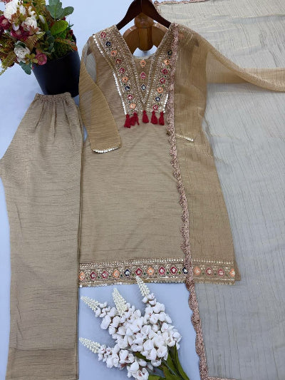 Beige Silk Embroidered Suit Set with Lace Dupatta | Ethnic Wear