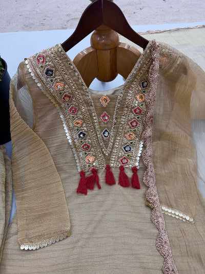 Beige Silk Embroidered Suit Set with Lace Dupatta | Ethnic Wear