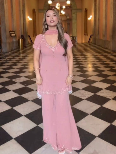 Dusty Pink  Georgette Embroidered Sharara Bell Bottom Palazzo Suit Set