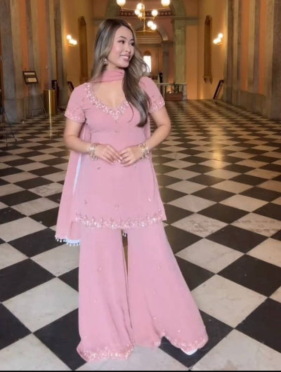 Dusty Pink  Georgette Embroidered Sharara Bell Bottom Palazzo Suit Set
