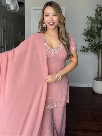 Dusty Pink  Georgette Embroidered Sharara Bell Bottom Palazzo Suit Set