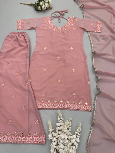 Dusty Pink  Georgette Embroidered Sharara Bell Bottom Palazzo Suit Set