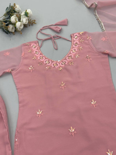 Dusty Pink  Georgette Embroidered Sharara Bell Bottom Palazzo Suit Set