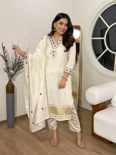 Ivory Gold Chanderi Kurta Set with Embroidered Dupatta