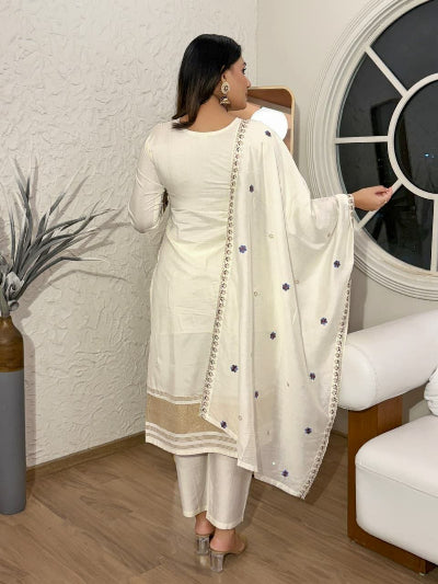 Ivory Gold Chanderi Kurta Set with Embroidered Dupatta