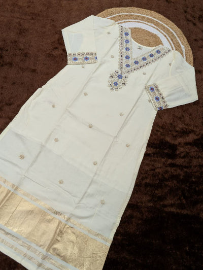 Ivory Gold Chanderi Kurta Set with Embroidered Dupatta