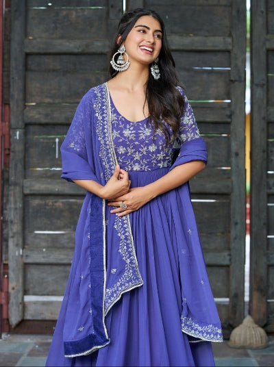 Buttercup Blue Embroidery Work Gown With Dupatta Set Of 2 - BONYHUBSALWAR KAMEEZ
