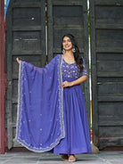 Buttercup Blue Embroidery Work Gown With Dupatta Set Of 2 - BONYHUBSALWAR KAMEEZ