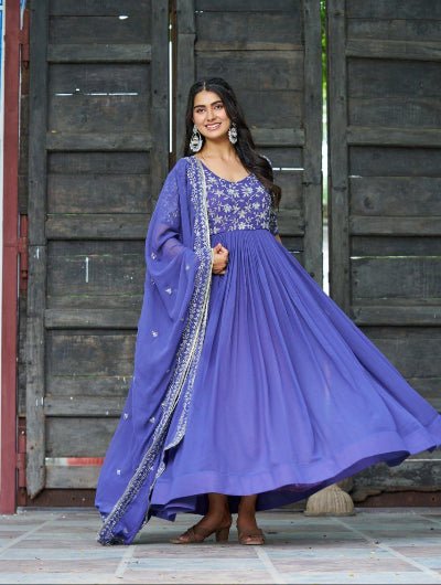 Buttercup Blue Embroidery Work Gown With Dupatta Set Of 2 - BONYHUBSALWAR KAMEEZ