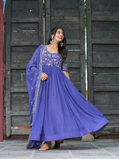 Buttercup Blue Embroidery Work Gown With Dupatta Set Of 2 - BONYHUBSALWAR KAMEEZ