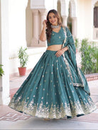Teal Green Vichitra Silk Zari Embroidery Lehenga Choli Set - BONYHUBSALWAR KAMEEZ