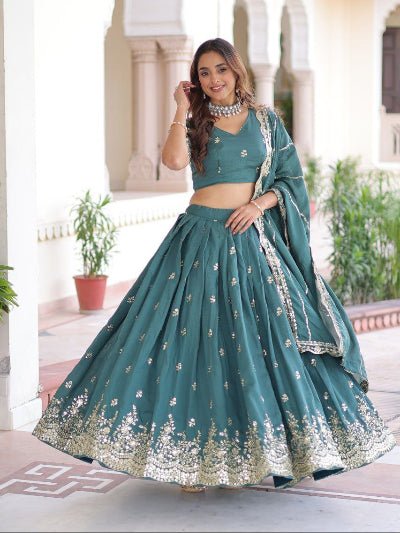 Teal Green Vichitra Silk Zari Embroidery Lehenga Choli Set - BONYHUBSALWAR KAMEEZ