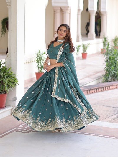 Teal Green Vichitra Silk Zari Embroidery Lehenga Choli Set - BONYHUBSALWAR KAMEEZ