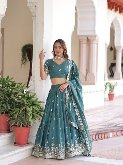 Teal Green Vichitra Silk Zari Embroidery Lehenga Choli Set - BONYHUBSALWAR KAMEEZ