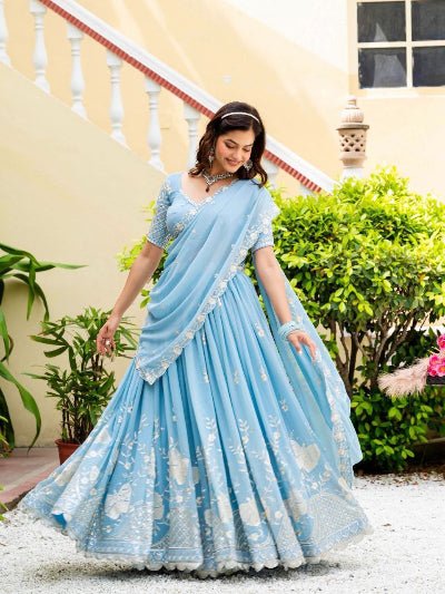Powder Blue Georgette Embroidery work Lehenga Choli Set - BONYHUBSALWAR KAMEEZ
