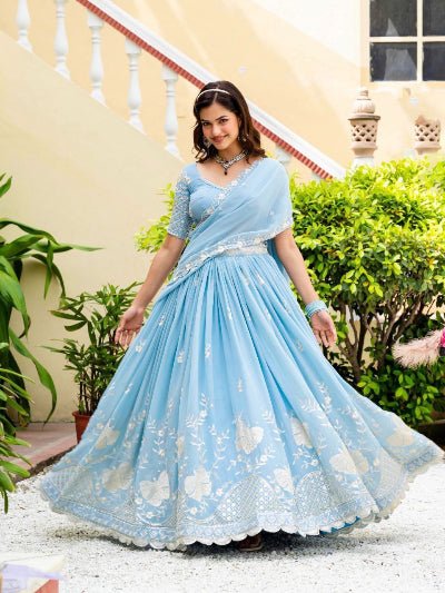 Powder Blue Georgette Embroidery work Lehenga Choli Set - BONYHUBSALWAR KAMEEZ