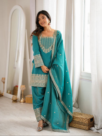 Peacock Teal Embroidery Work Farshi Suit Set