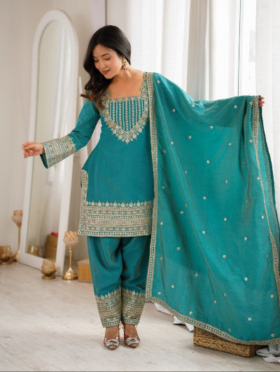 Peacock Teal Embroidery Work Farshi Suit Set