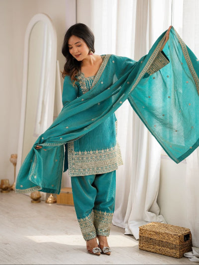 Peacock Teal Embroidery Work Farshi Suit Set