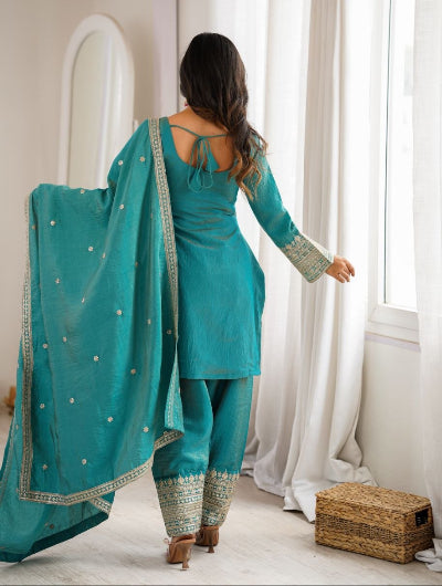 Peacock Teal Embroidery Work Farshi Suit Set