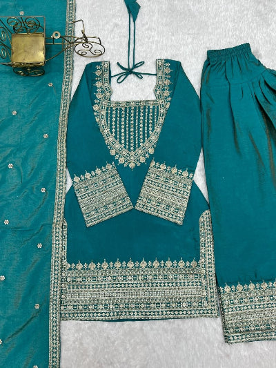 Peacock Teal Embroidery Work Farshi Suit Set