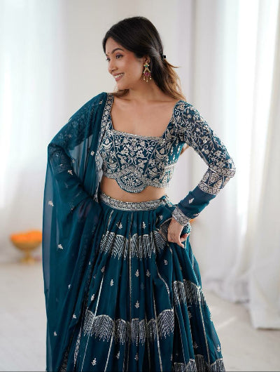 Teal Blue Thread Sequin Embroidery Lehenga Choli Set