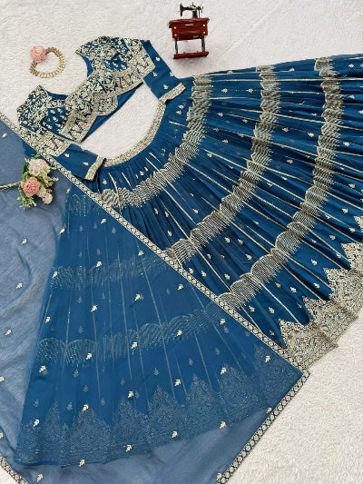 Teal Blue Thread Sequin Embroidery Lehenga Choli Set