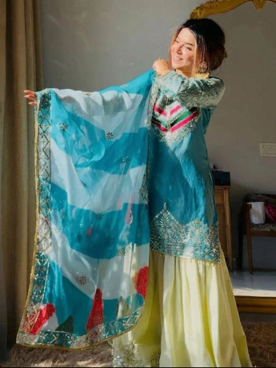Designer Satin Silk Embroidered Sharara Palazzo Suit