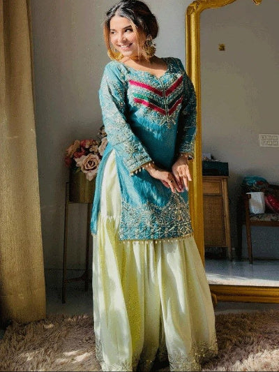 Designer Satin Silk Embroidered Sharara Palazzo Suit
