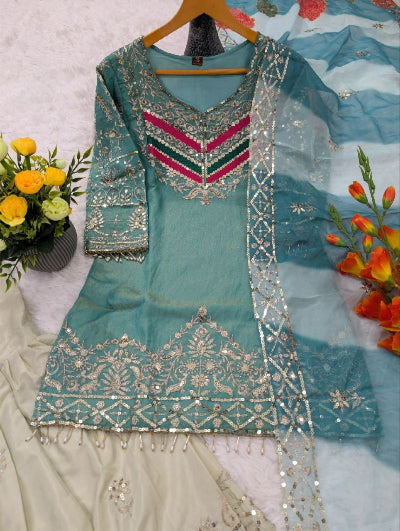 Designer Satin Silk Embroidered Sharara Palazzo Suit